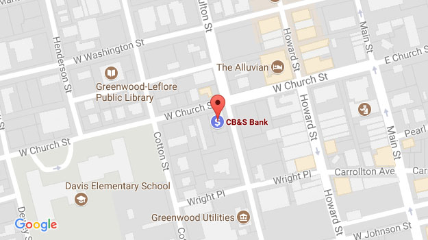 CB&S Bank Location Map in Downtown Greenwood, MS